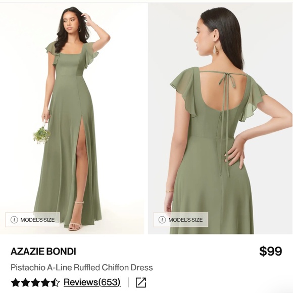 AZAZIE “Bondi” Pistachio A-Line Ruffled Chiffon Floor-Length Bridesmaid Dress - Picture 1 of 7